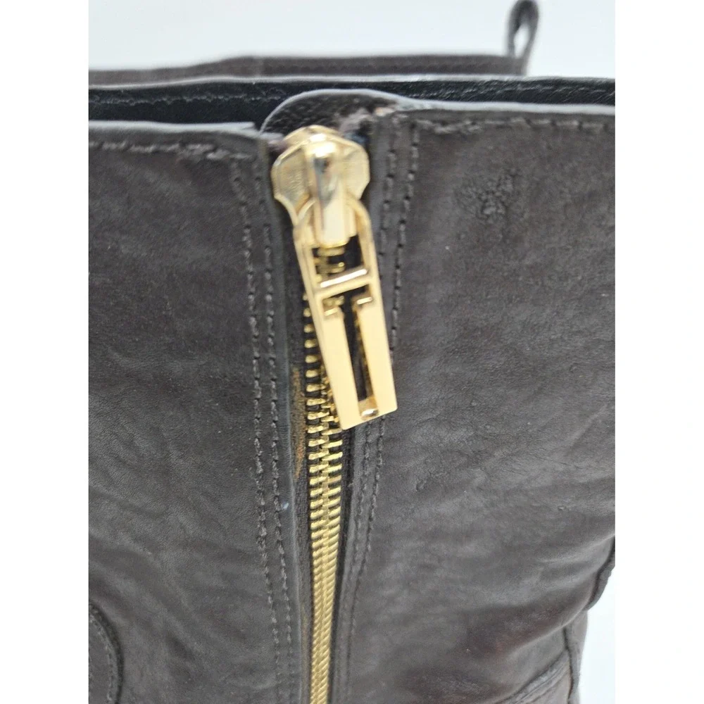 Tory Burch Elyse Moto Boots Women US 8 Chocolate Brown Leather Logo Zip Side